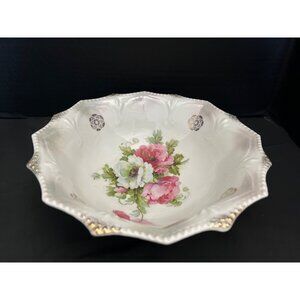 Antique Germany Beautiful White Porcelain Floral Roses 10” Serving Bowl Scallope
